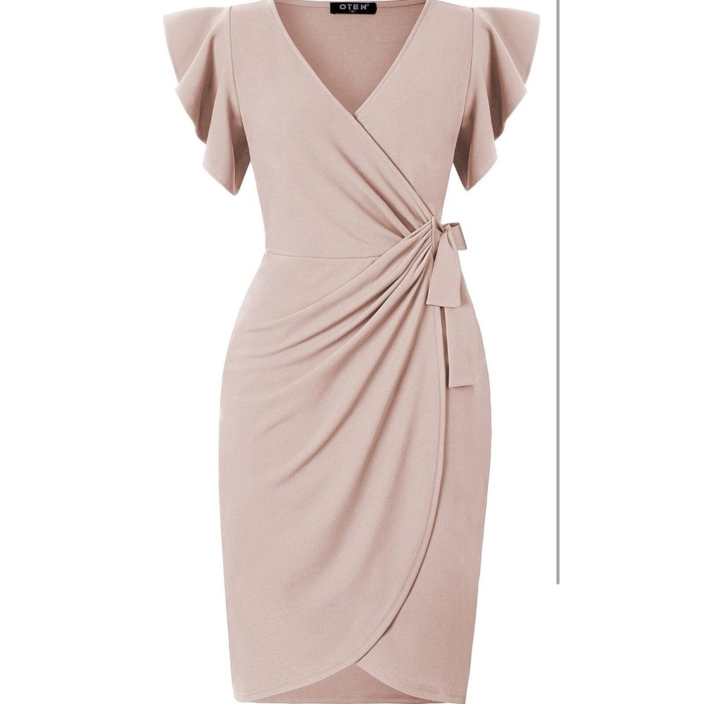 Oten Womens Deep V Neck Ruffle Sleeve Sheath Casual Cocktail Party Work‎ Faux. S